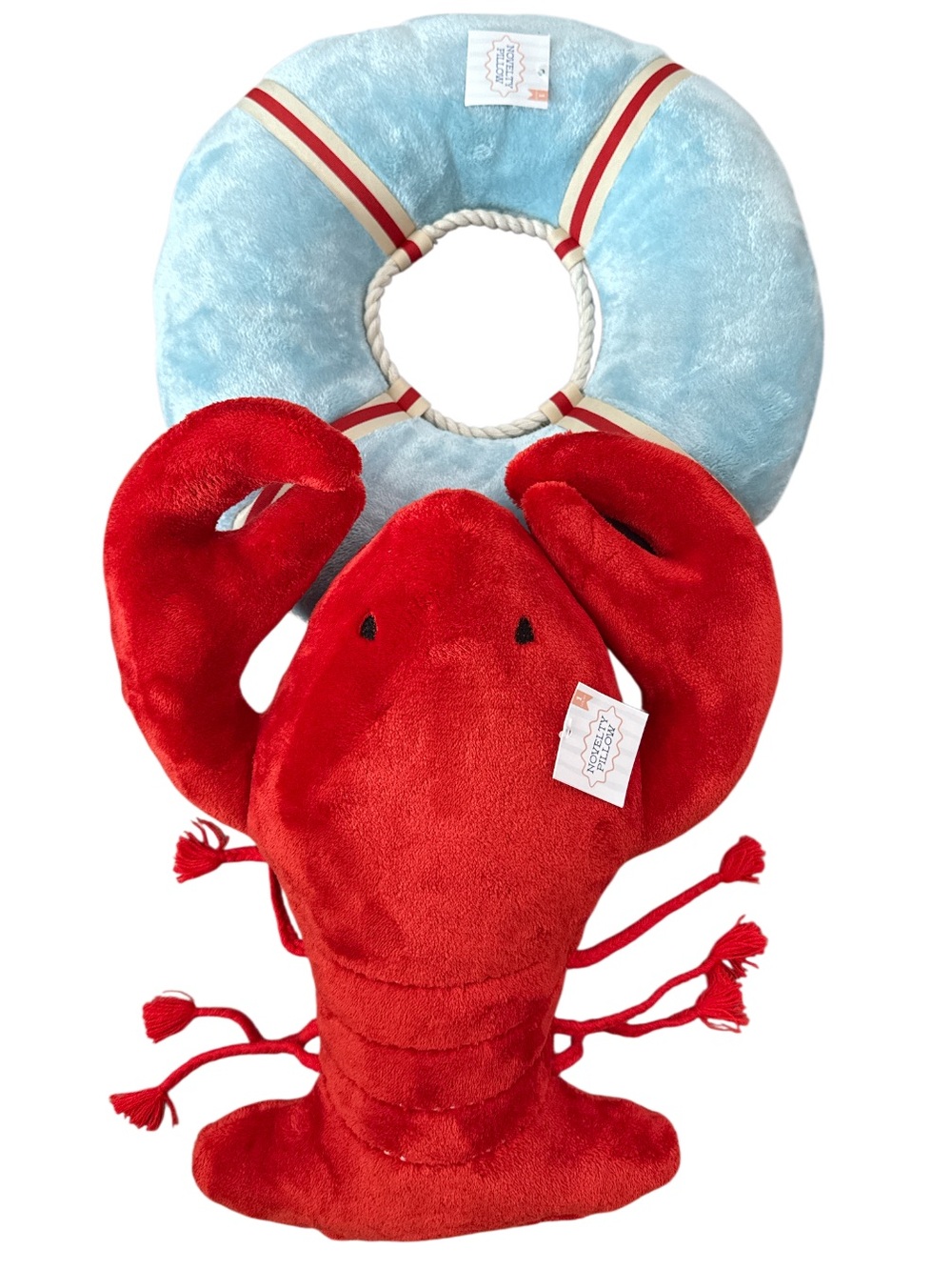 Cute Nautical Lobster & Life Preserver Plush Pillows - Coastal Decor Set